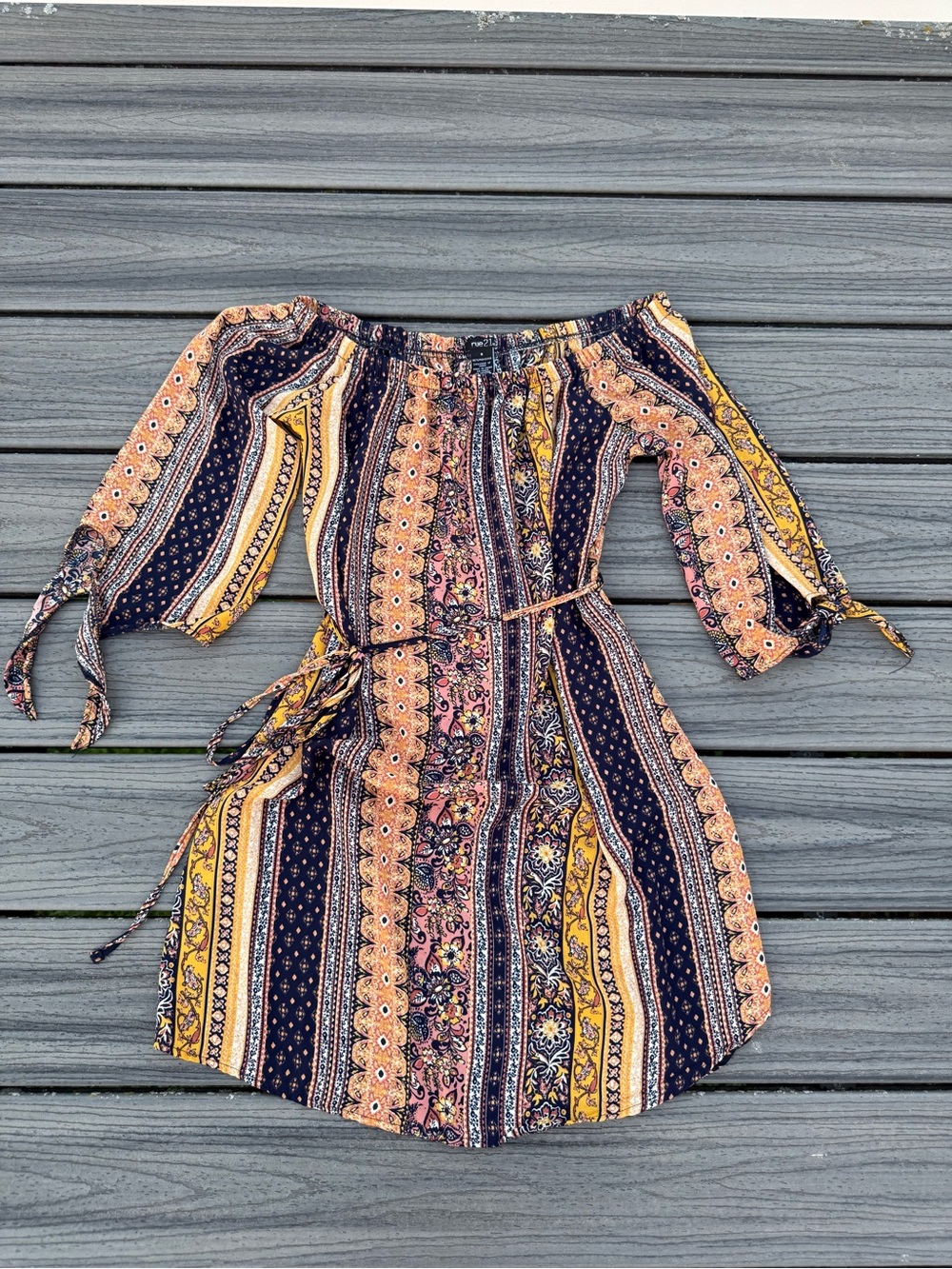 Women’s Navy & Mustard Boho Off-Shoulder Dress